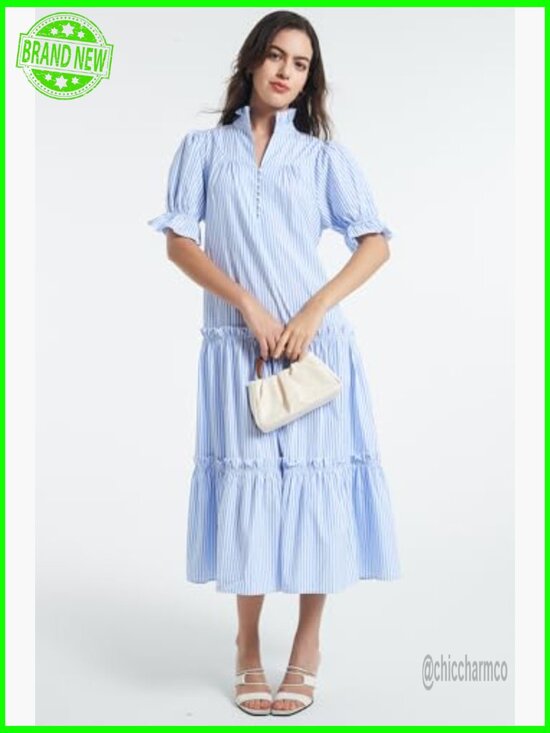 Small Maxi Dress with Puff Sleeves Button Down Tiered V-Neck Flowy - Picture 7 of 7